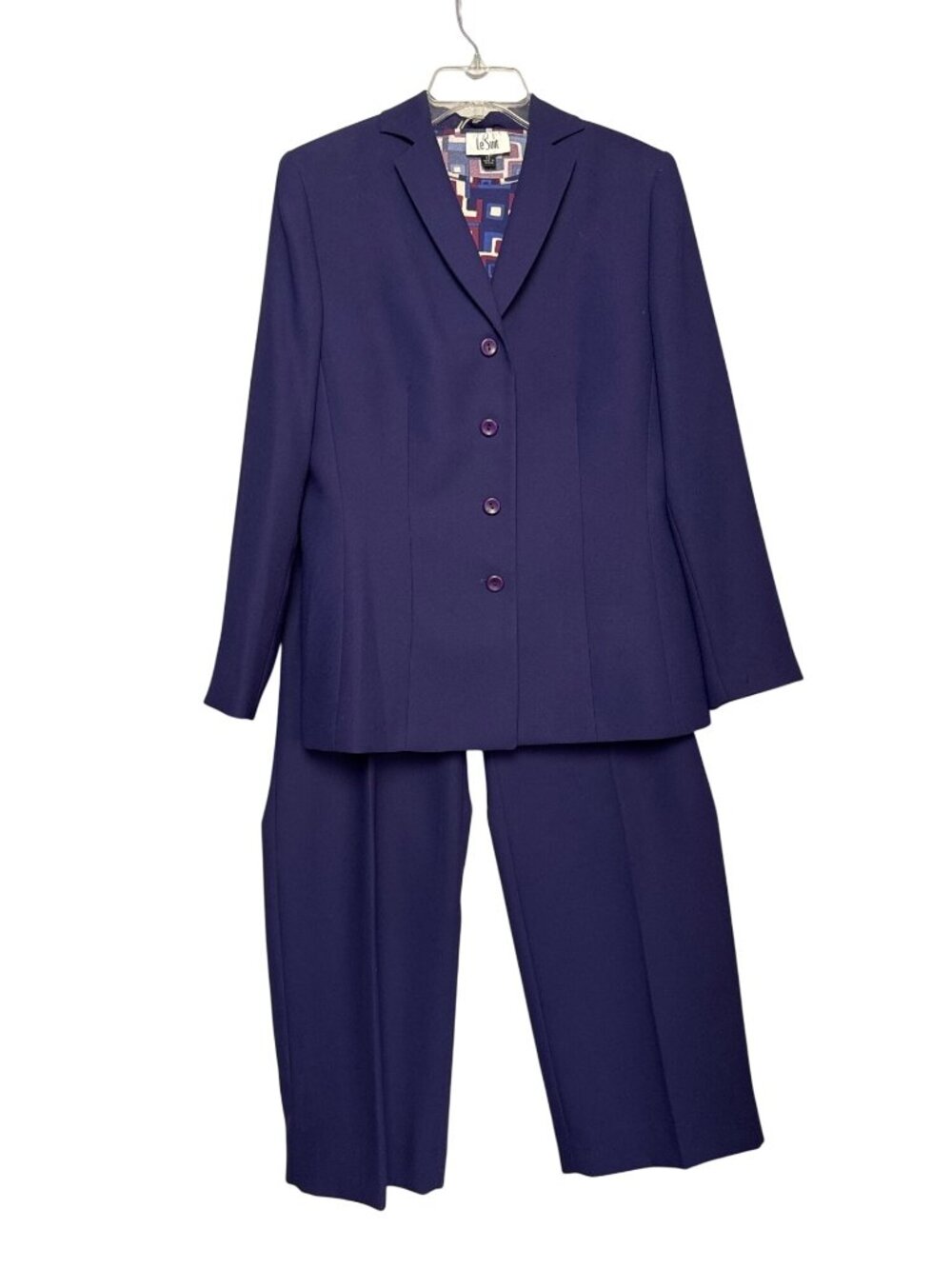 Le Suit 3 Piece Pantsuit Navy Blue Size 12 Polyester Abstract Geometric Lining
